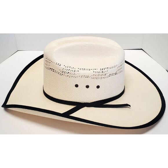MoksMan 100X Bangora Western Cowboy Hat SZ 7 Legendary Hats Ivory Woven w/ Black - Picture 6 of 16